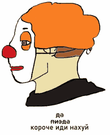 a cartoon drawing of a clown with a red nose and yellow eyes