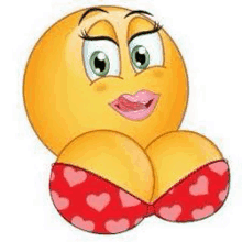 a cartoon smiley face wearing a red heart shaped bra .