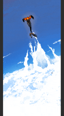 a drawing of a person flying through the air with a blue sky in the background