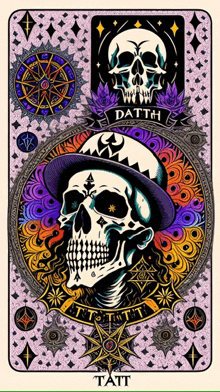 a tarot card with a skull wearing a hat and the word tatt on the bottom