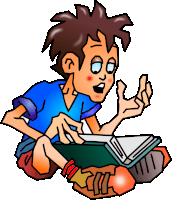 a cartoon of a boy reading a book