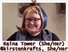 a picture of a girl with glasses and a wig named raina tower