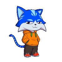 a blue and white cat wearing a hoodie and pants