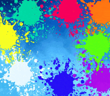 a blue background with a bunch of colorful paint splashes