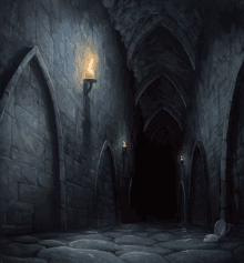 a dark stone hallway with a lit candle on the wall