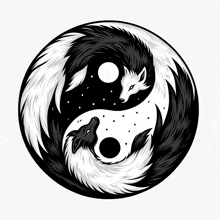 a black and white drawing of two wolves in a ying yang symbol