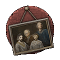 a framed picture of a family is hanging on a red circle .