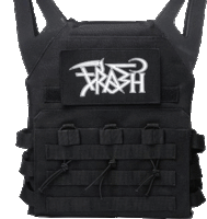 a black vest with a patch on it that says trash