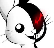 a black and white cartoon rabbit with a red flame on its head