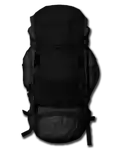 a large black backpack is sitting on a white surface .