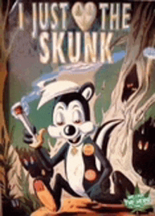 a cartoon of a skunk holding a stick in his hand on a poster .