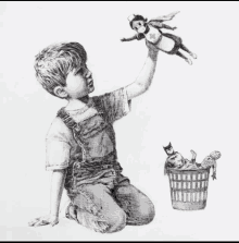 a black and white drawing of a boy holding up a doll