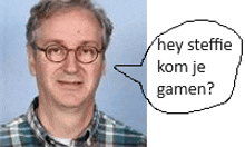 a man with glasses and a speech bubble that says hey steffie kom je gamen