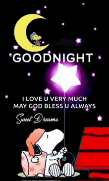 a snoopy poster that says goodnight i love u very much may god bless u always