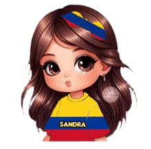 a cartoon girl wearing a yellow , red , and blue shirt with the name sandra written on it .