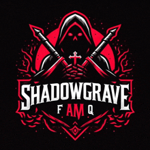 a logo for shadowgrave famq shows a grim reaper holding a cross and two swords