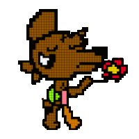 a pixel art drawing of a dog holding a heart