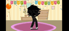 a cartoon character dancing in front of a happy birthday banner