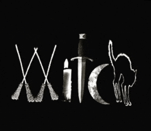 a black and white drawing of a cat a candle a dagger and the word witch on a black background