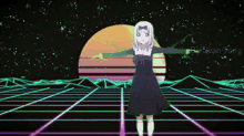 a girl in a black dress is standing in front of a neon grid .