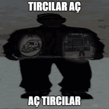 a man with a truck on his shirt and the words tircilar ac ac tircilar underneath him