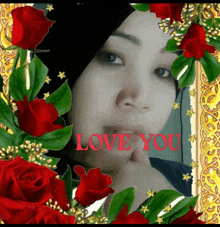 a picture of a woman with red roses and the words love you