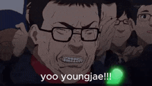 a cartoon of a man with glasses making a funny face and the words `` yoo youngjae !!! ''