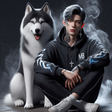 a man sitting next to a husky wearing a hoodie that says mb