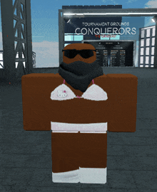 a person in a bikini is standing in front of a sign that says conquerors