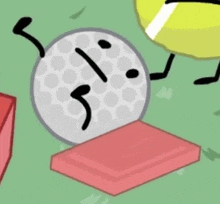 a cartoon golf ball with arms and legs is sitting on a red block .