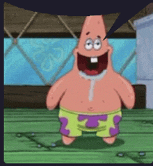 patrick star from spongebob squarepants is standing on a wooden floor