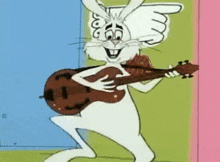 a cartoon rabbit is playing a guitar and pointing at the camera