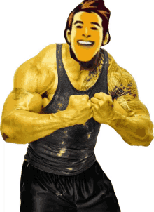 a man with a tattoo on his arm is shown with a yellow face