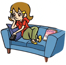 a cartoon of a girl laying on a blue couch holding a remote control