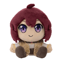 a stuffed animal with red hair and purple eyes sits on a white background