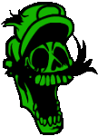 a green skull with a mustache and a green hat .