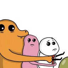 a group of cartoon characters are hugging each other and one has a sad face