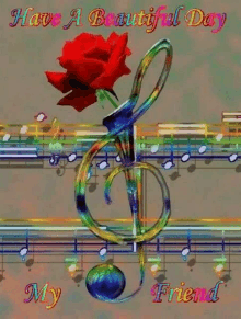 a red rose is sitting on top of a treble clef on a music sheet .