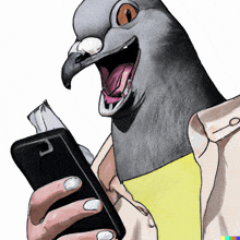 a pigeon is holding a cell phone with its tongue out