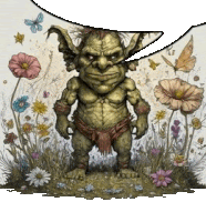 a cartoon drawing of a troll in a field of flowers