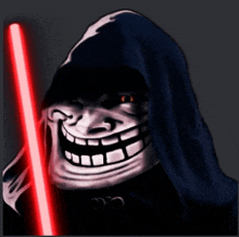 a troll with a hood and a red light saber