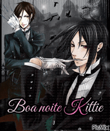 a picture of a man in a tuxedo with the words boa noite kittie on it