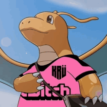 a cartoon dragon is wearing a pink shirt that says kriu on it