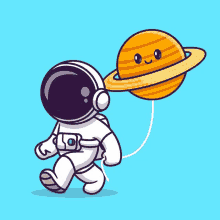 a cartoon illustration of an astronaut holding a balloon with saturn on it