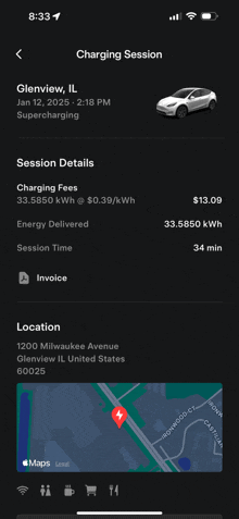 a screenshot of a charging session in glenview il united states