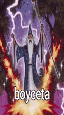 a wizard with a beard is holding a wand in front of a lightning bolt .