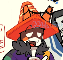 a drawing of a person wearing an orange cone hat