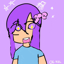 a drawing of a girl with purple hair has og kel written in the bottom right corner