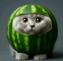 a cat is wearing a watermelon hat and looking at the camera