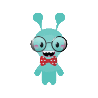 a blue cartoon character wearing glasses and a red bow tie